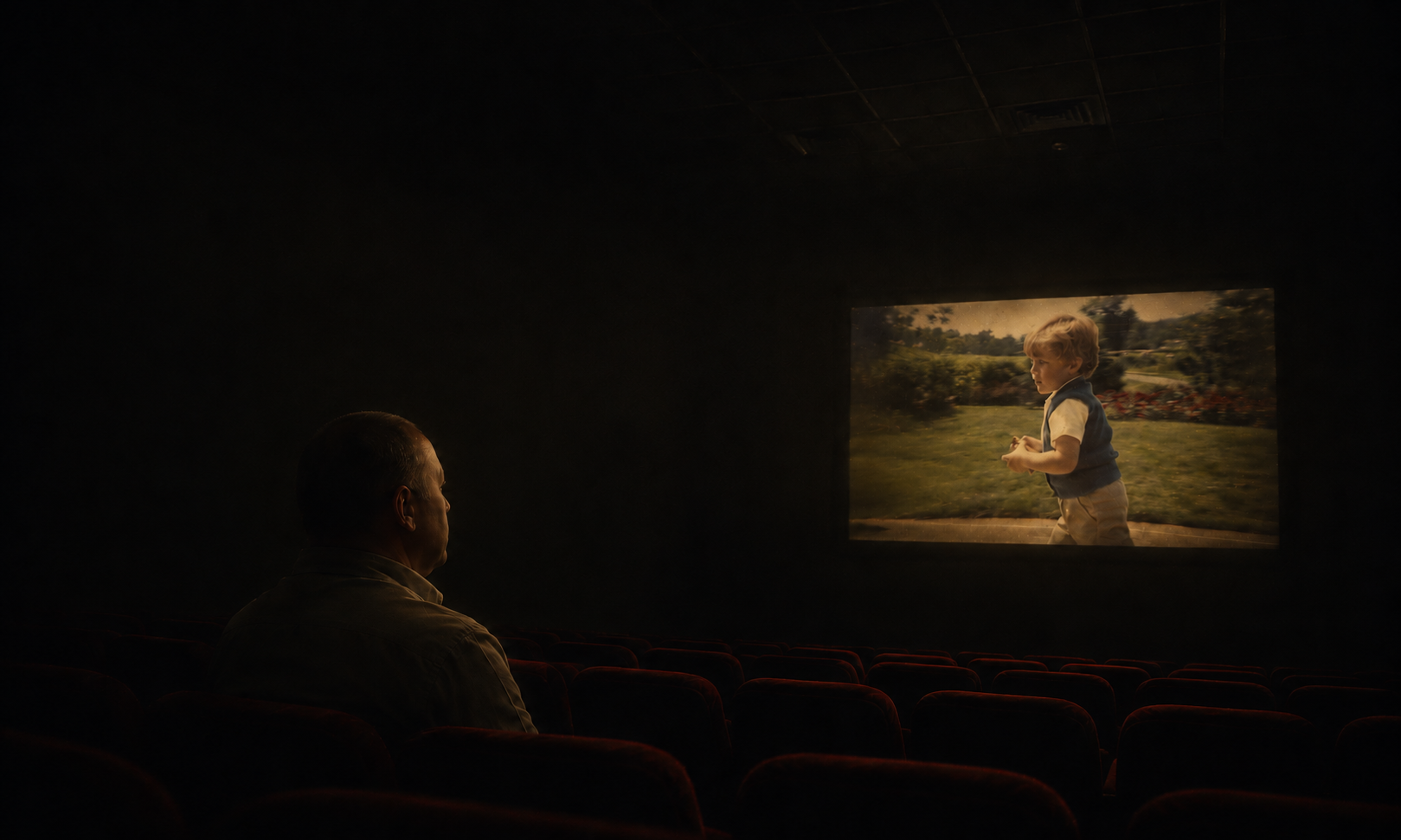 Fabrice au cinéma, regardant une image de lui enfant.