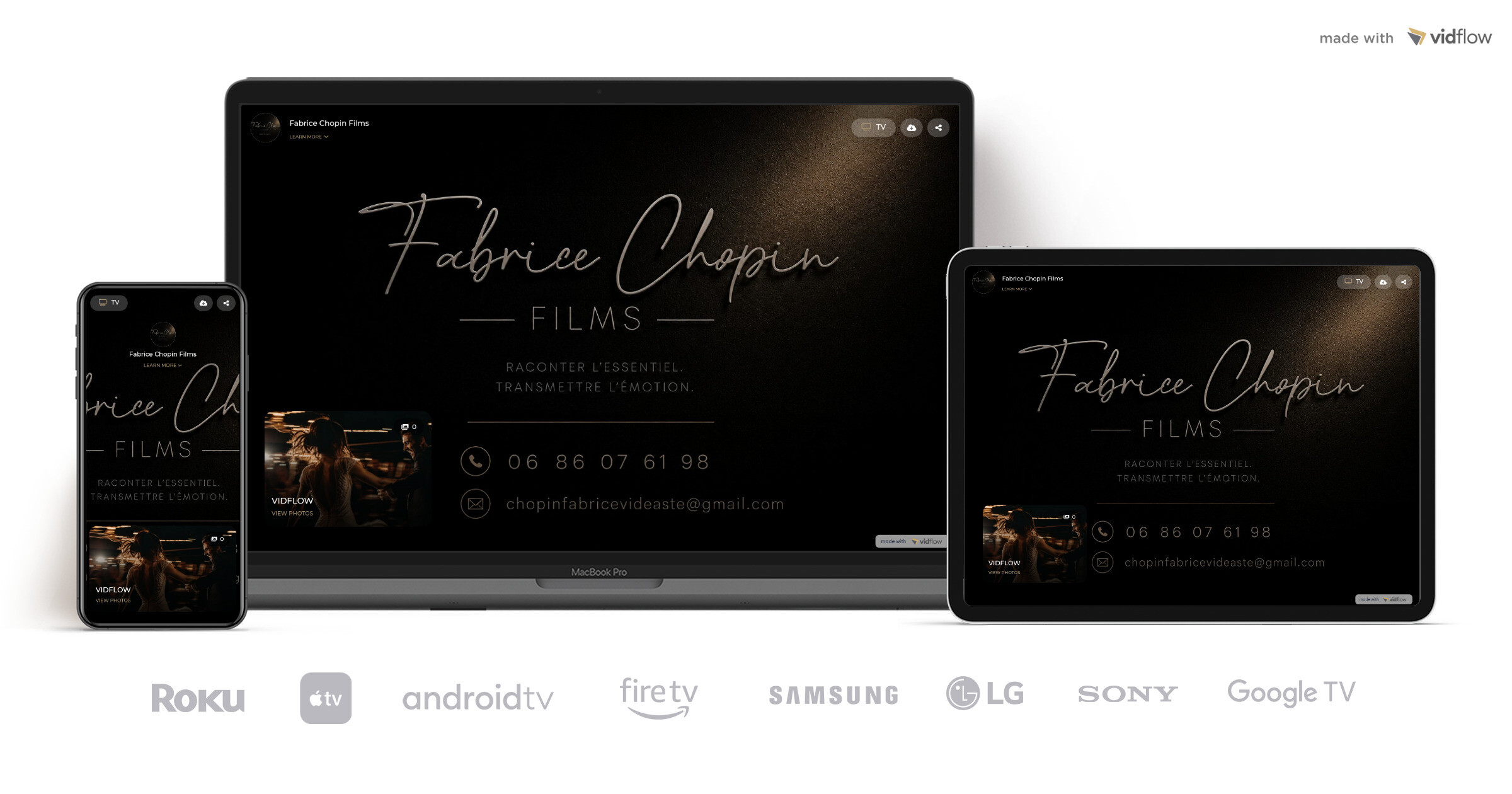 La galerie Fabrice Chopin Films sur VidFlow, présentée sur ordinateur, tablette et téléphone.